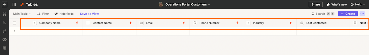 Screenshot of form fields in a table