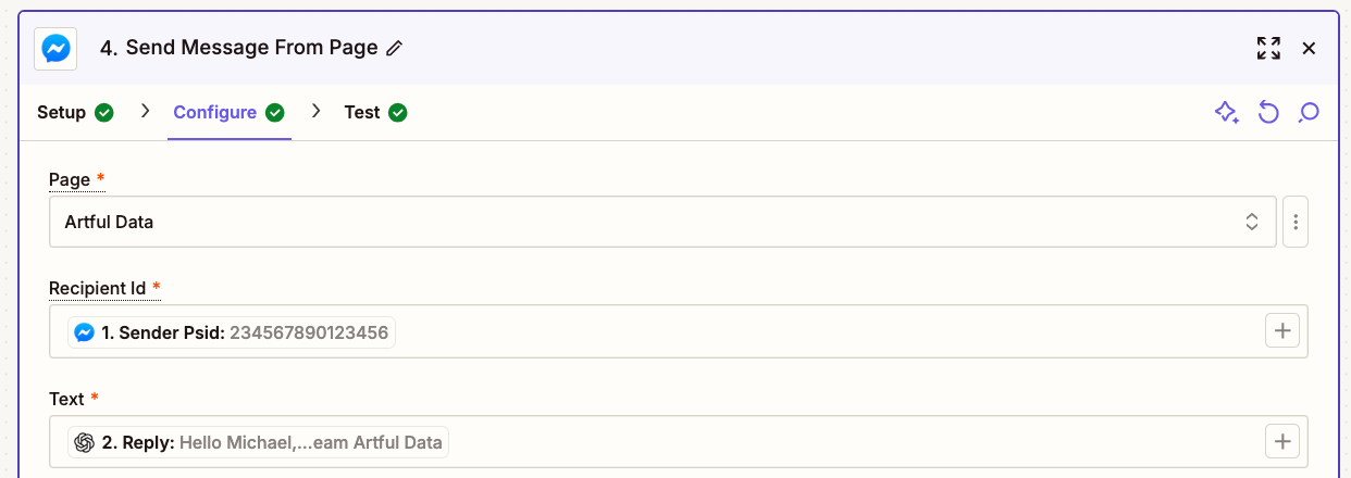 Fields for Facebook Messenger in the Zap editor.
