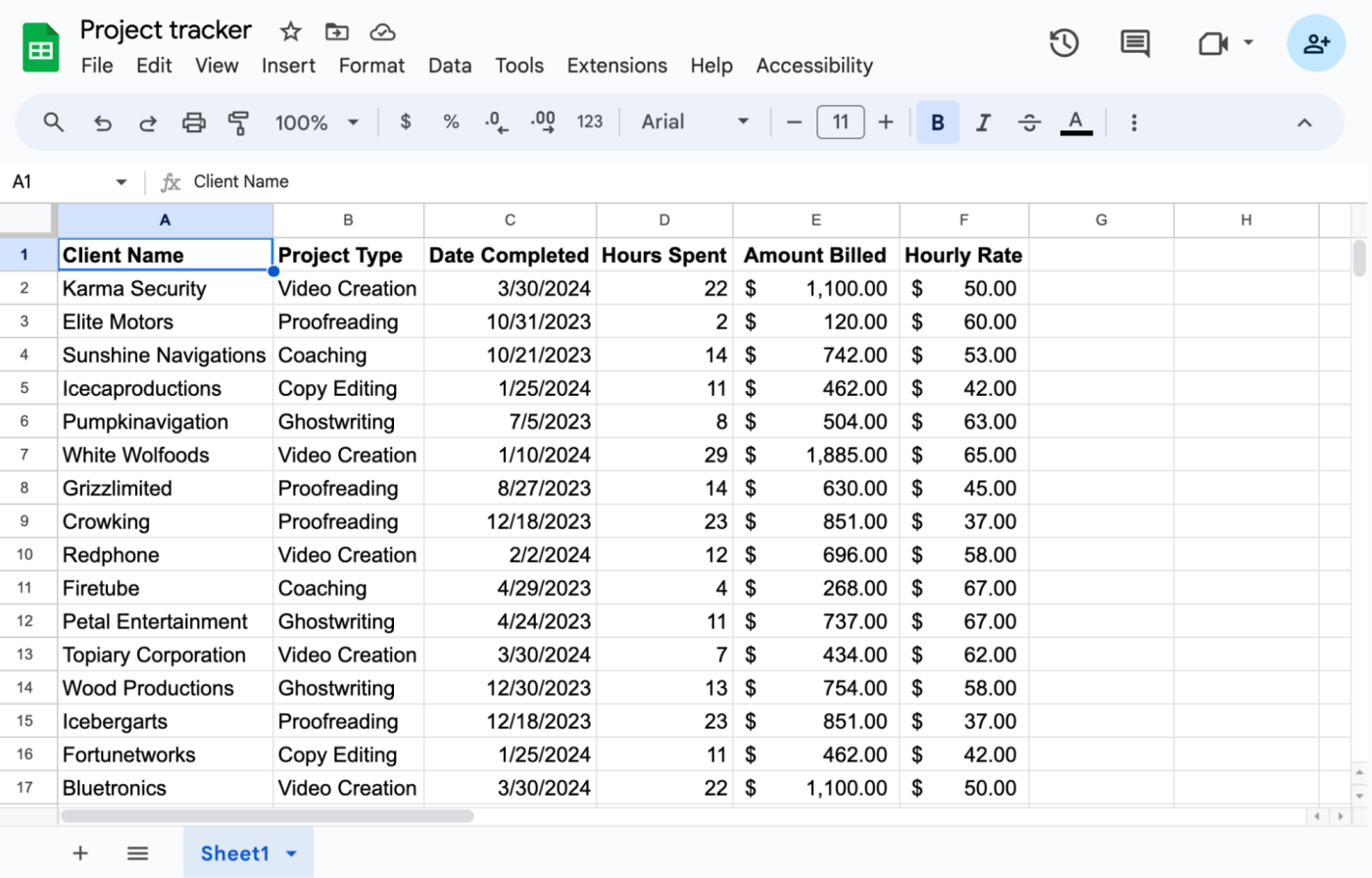 Simple project tracker in Google Sheets.