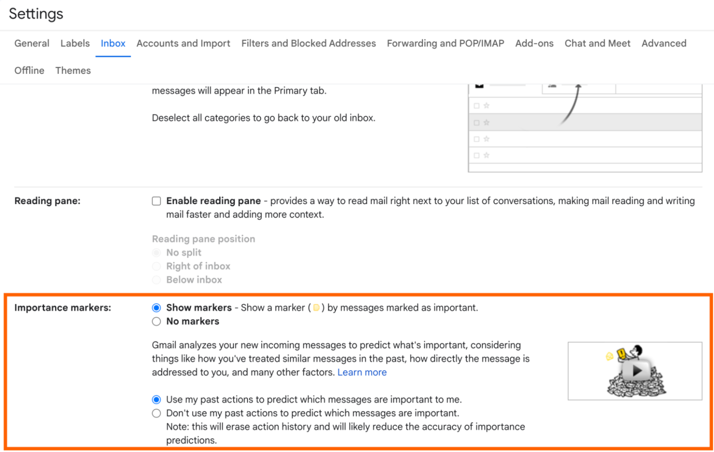 The importance marker settings in Gmail