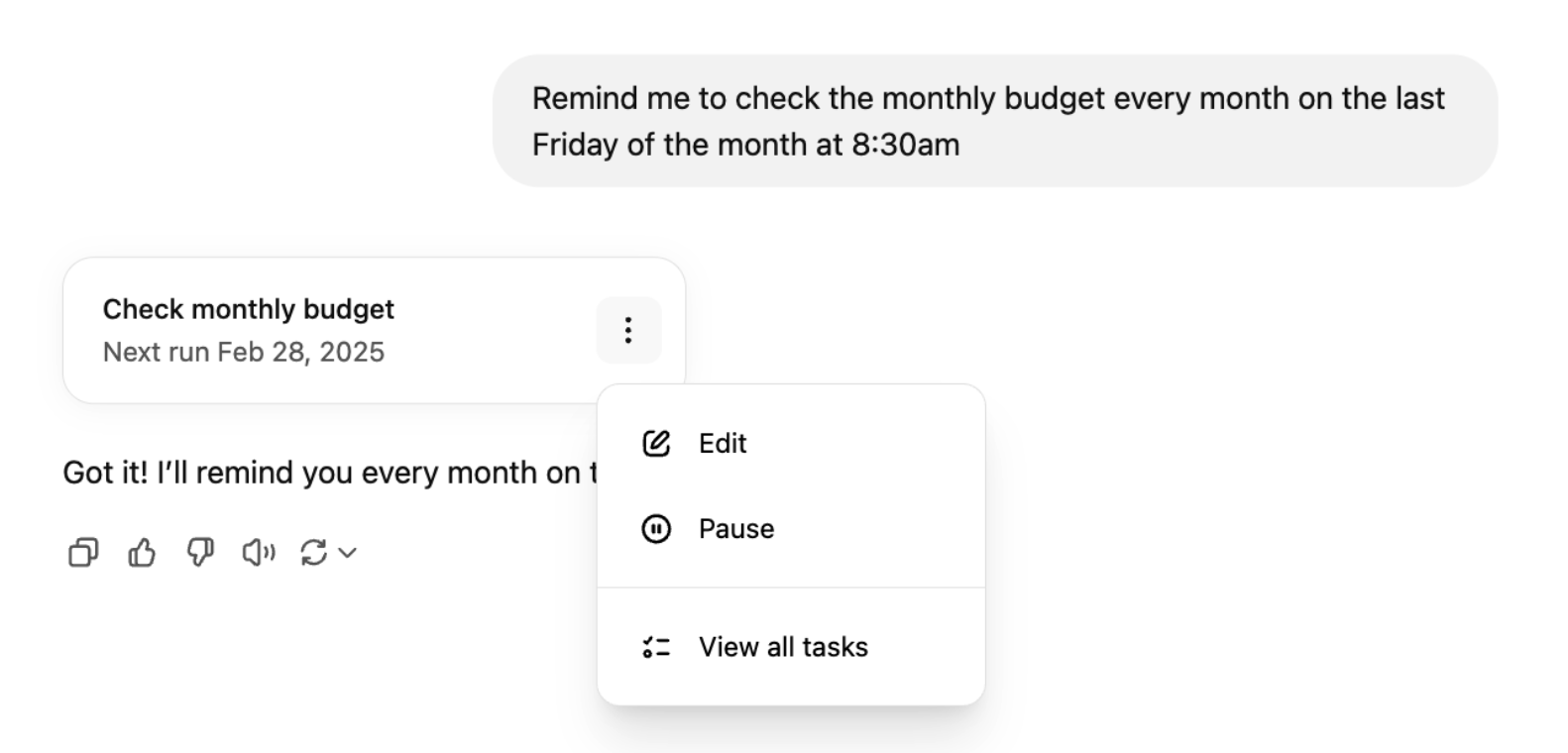 Expanded view of the vertical three dot menu for a scheduled task in ChatGPT. 