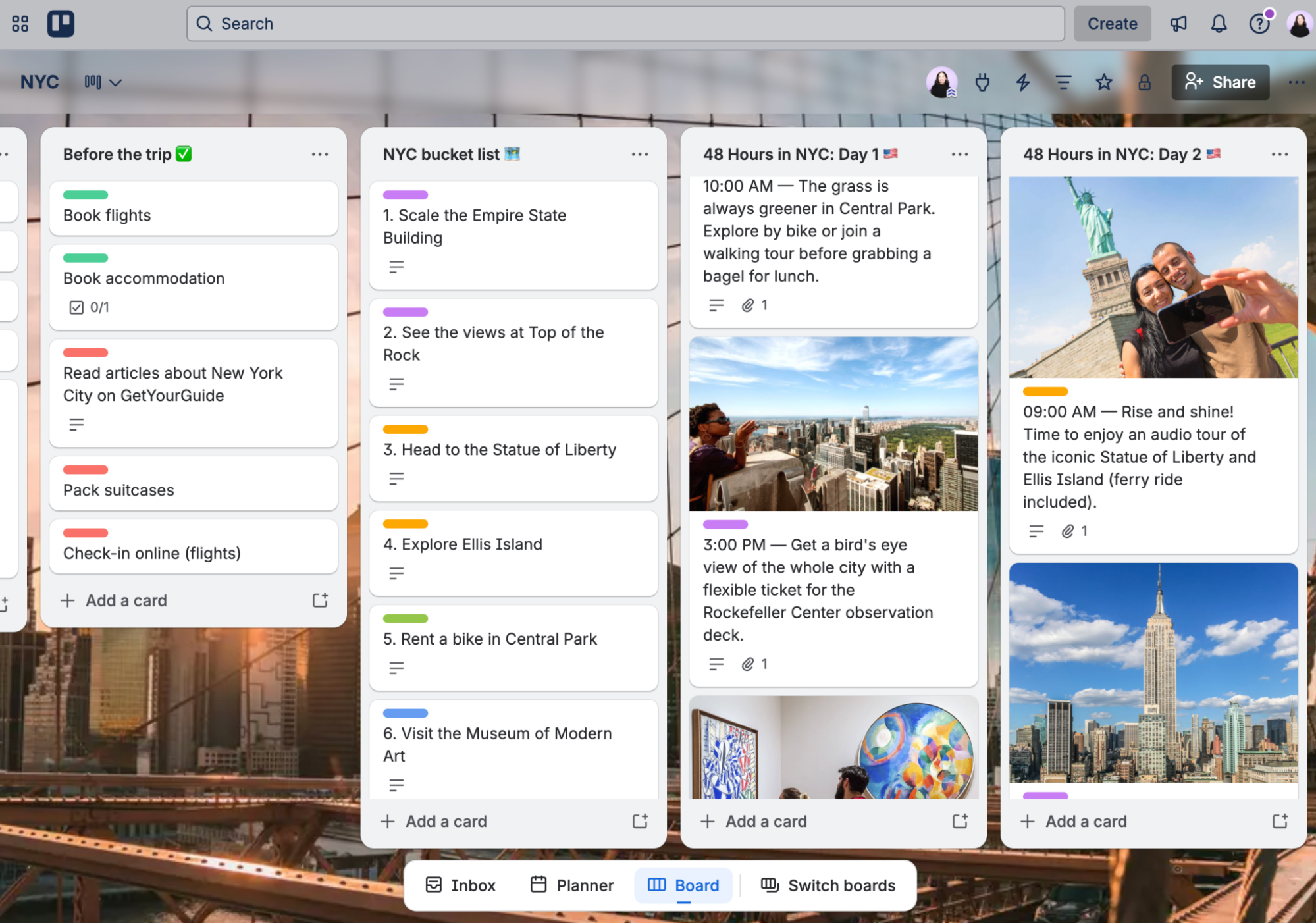 Trello board example for vacation and travel planning.
