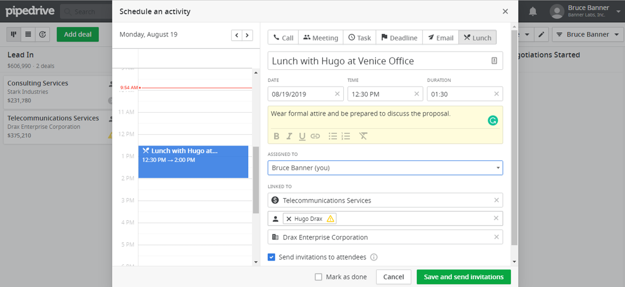 Scheduling an activity in Pipedrive CRM