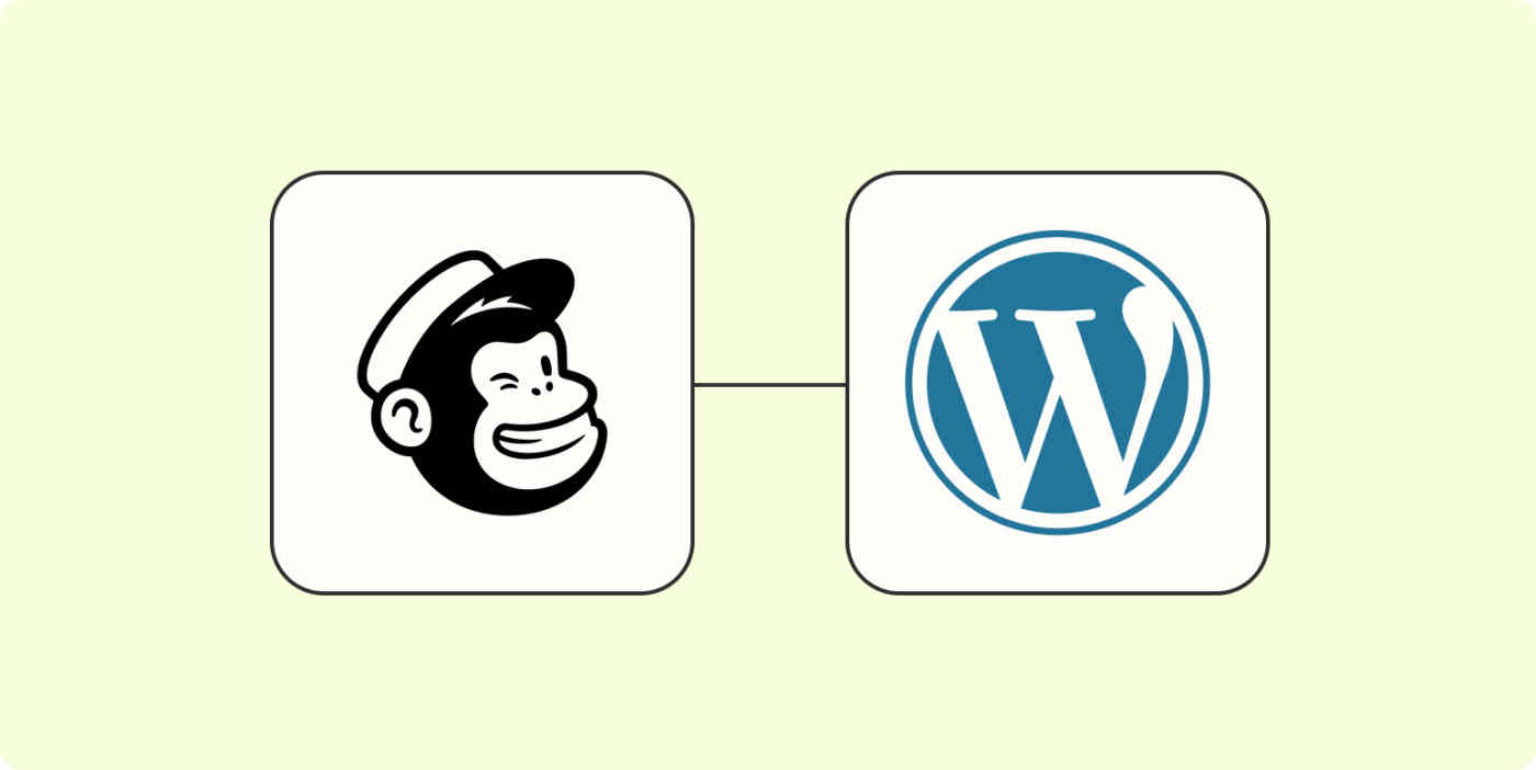 A hero image of the Mailchimp app logo connected to the WordPress app logo on a light yellow background.