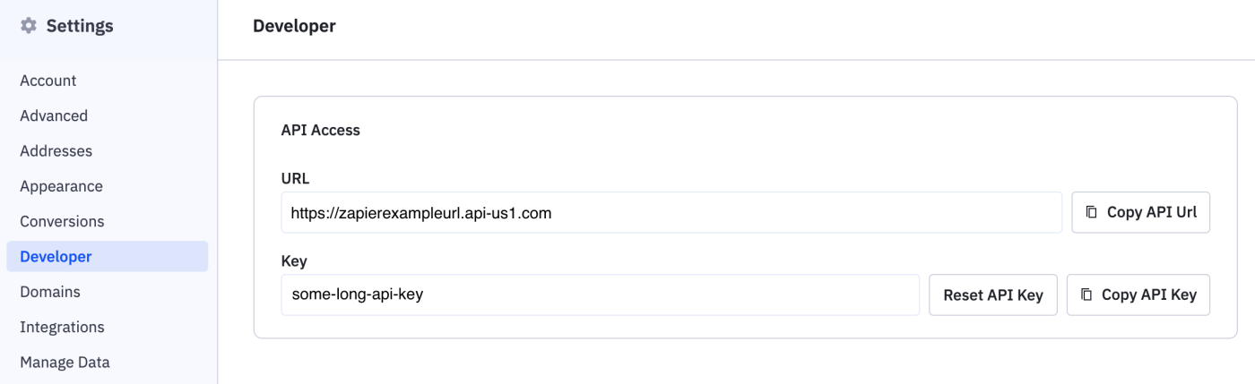 The Developer tab in the Settings section of an ActiveCampaign account, showing an API URL and Key.