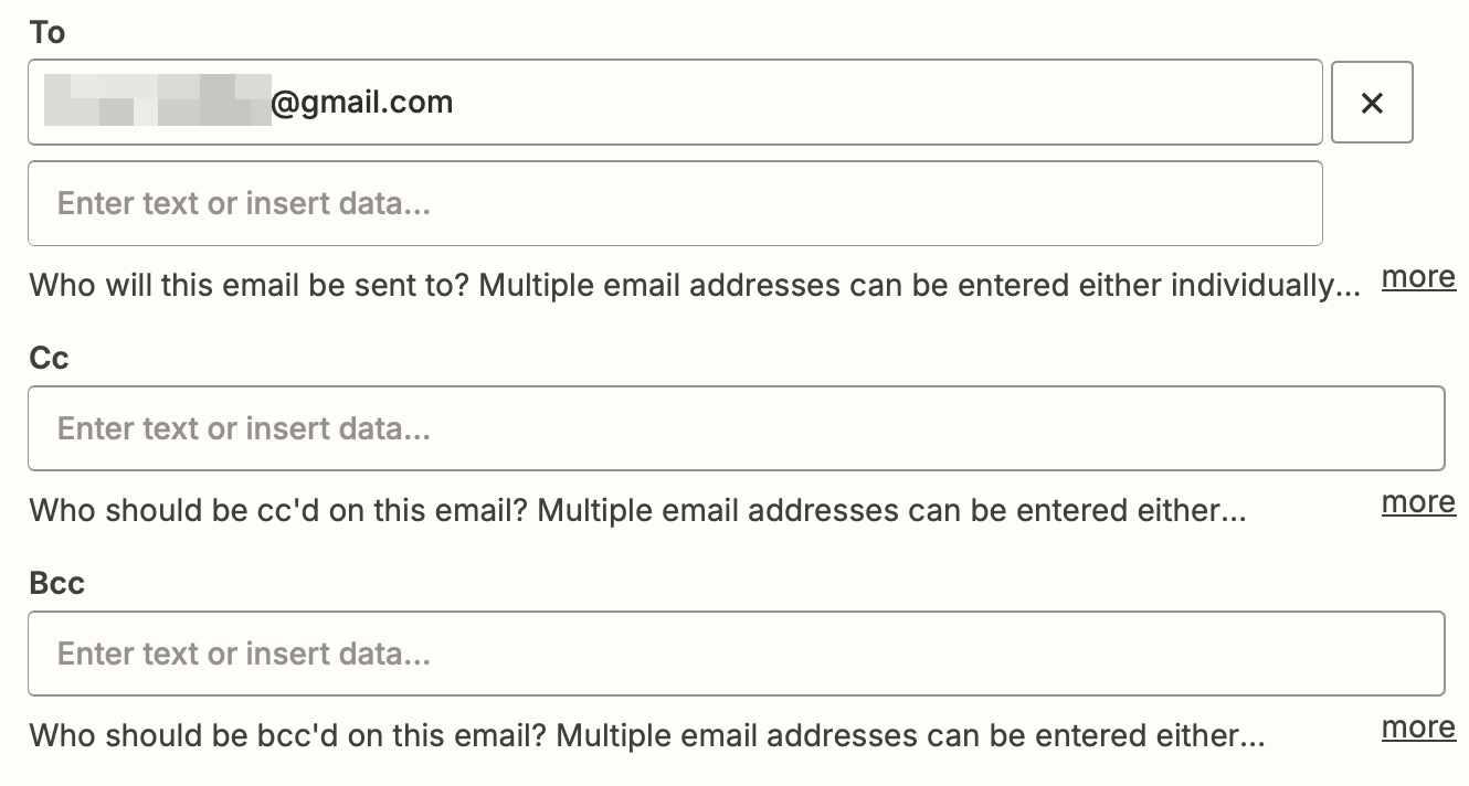 Gmail fields in the Zap editor, including To, CC, and BCC.
