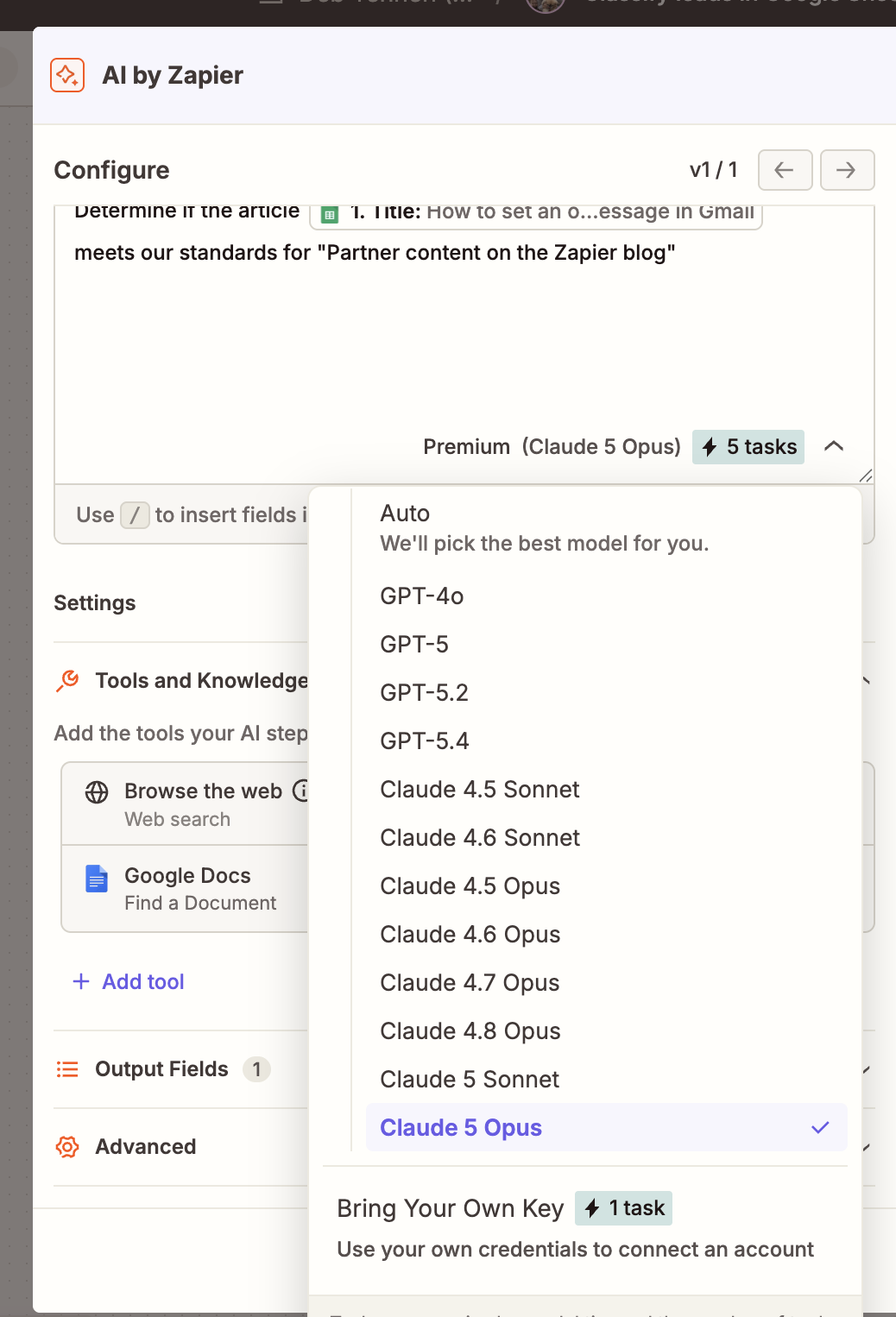 Selecting a Claude model in AI by Zapier
