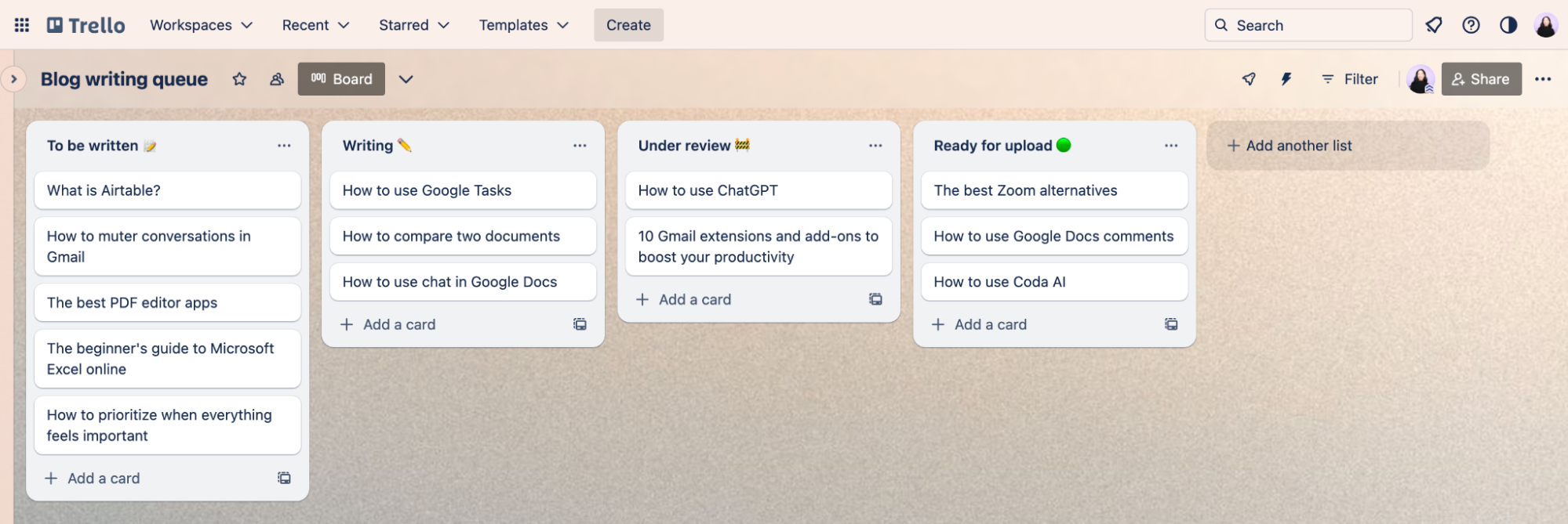 Trello board titled "blog writing queue."