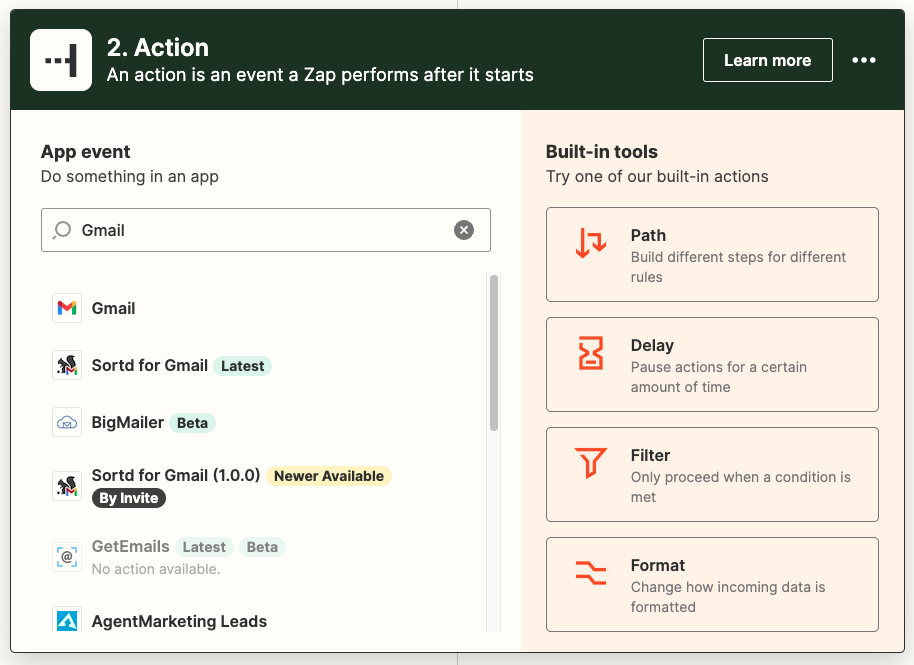 An action step in the Zapier editor with Gmail entered in the search field.