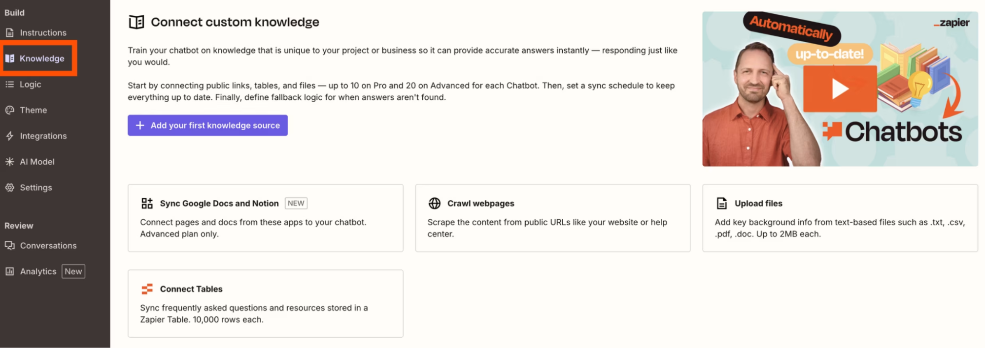 The Knowledge panel in the Zapier chatbot builder