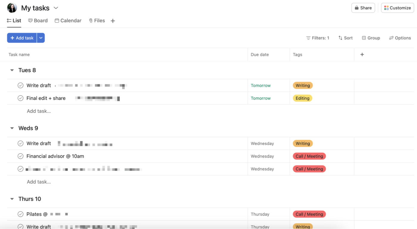 The My tasks view in Asana