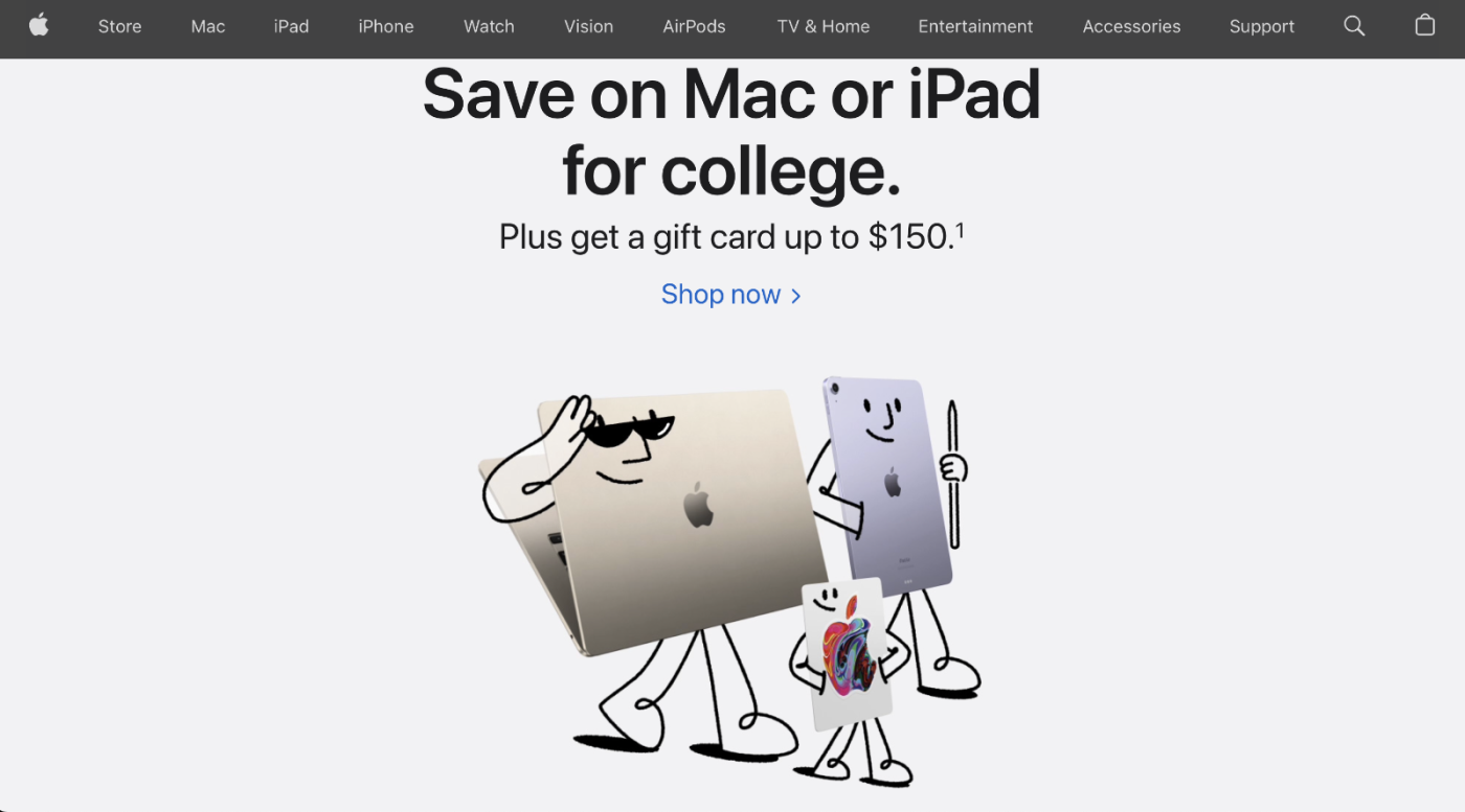 Screenshot of Apple.com of illustrated Apple products and heading reading Save on Mac or iPad for college.