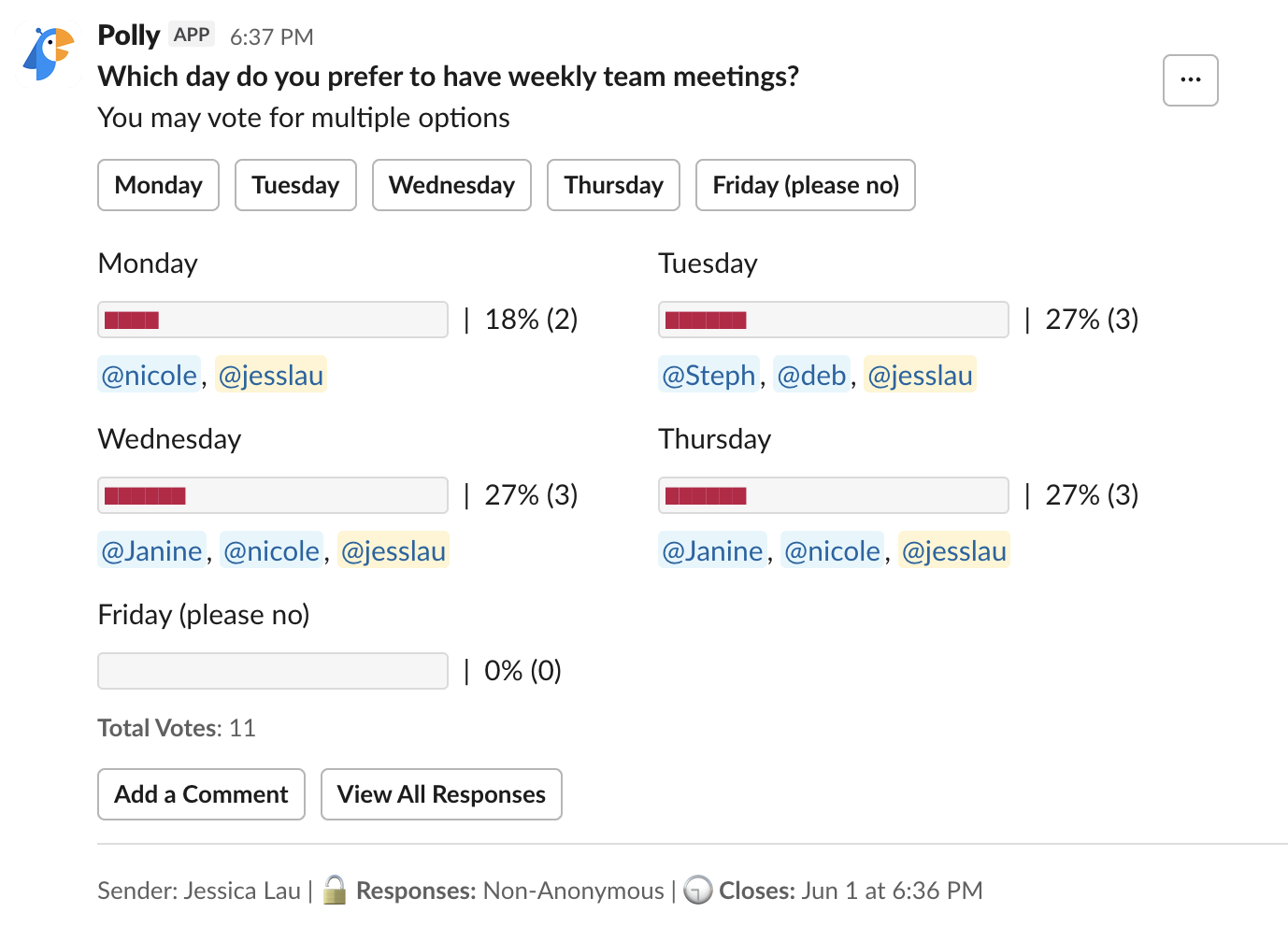 Slack poll sent to a Slack channel via Polly.