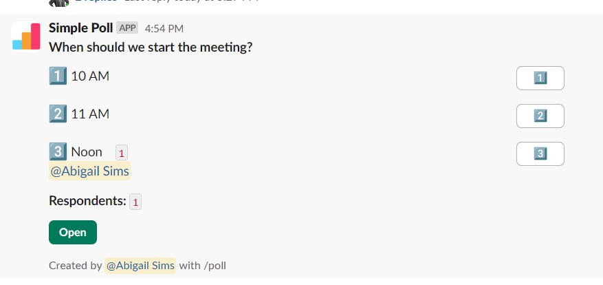 Screenshot of Simple Poll in Slack 