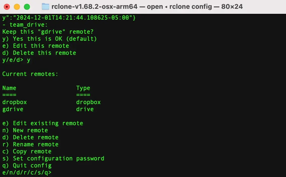 The command line tool, this time to create a remote for Google Drive