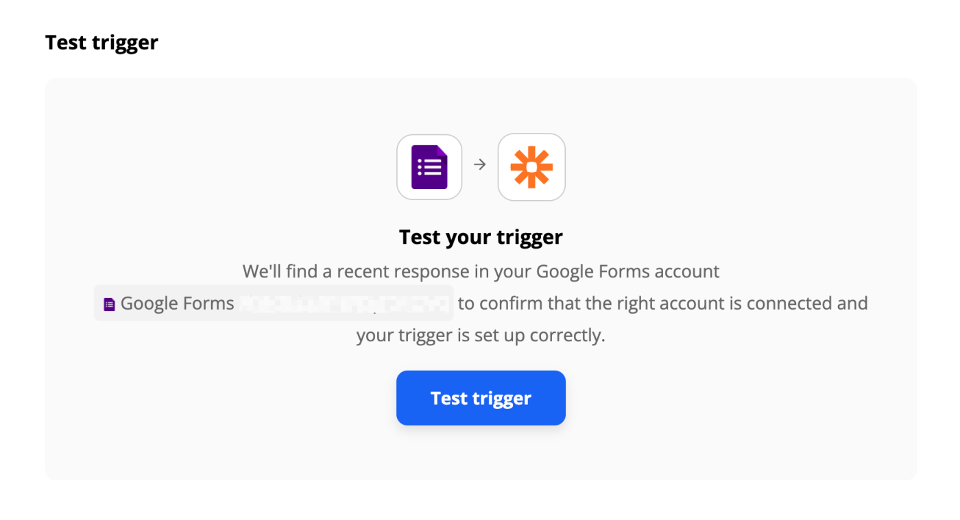 A purple Google Forms icon and the orange Zapier icon above a blue button with the text "Test trigger".
