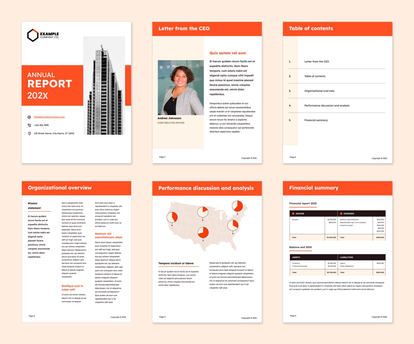 Six different orange, black and white templates for users to create their own annual report deisgn