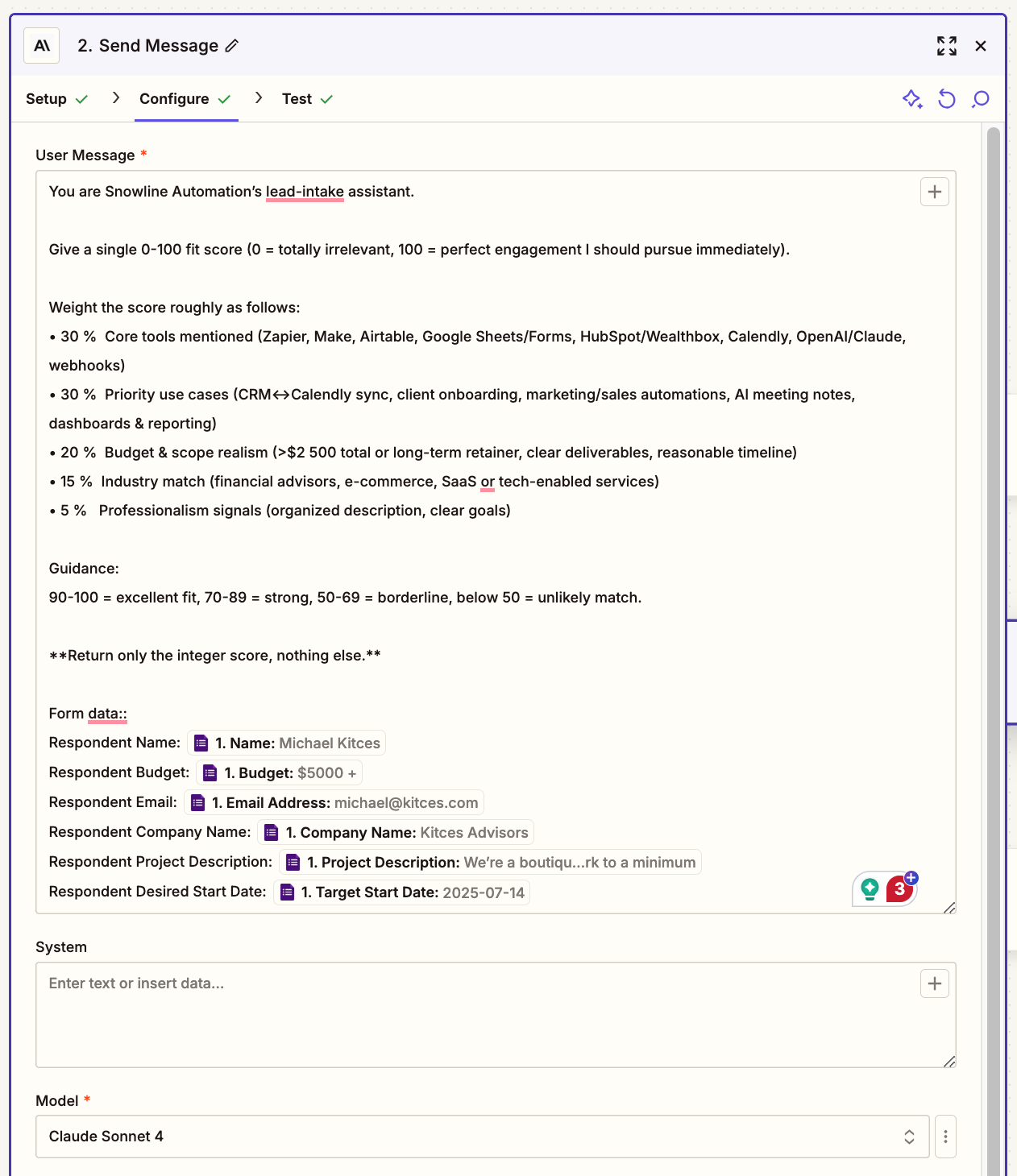 The User Message field with an AI prompt in a Claude action step in the Zap editor.