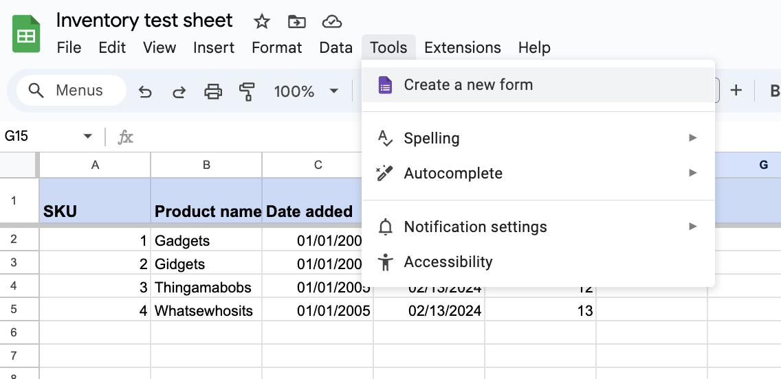 The "Tools" menu in a Google Sheet is shown open with an orange arrow pointing to "Create a new form"