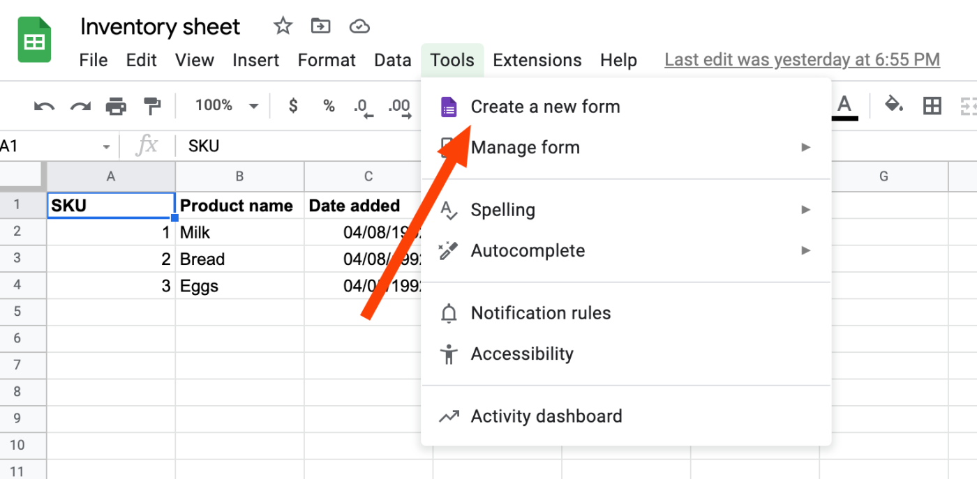 The "Tools" menu in a Google Sheet is shown open with an orange arrow pointing to "Create a new form"