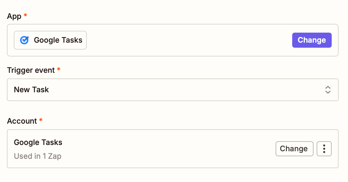 The Google Tasks app is shown selected with New Task selected in the Event dropdown.