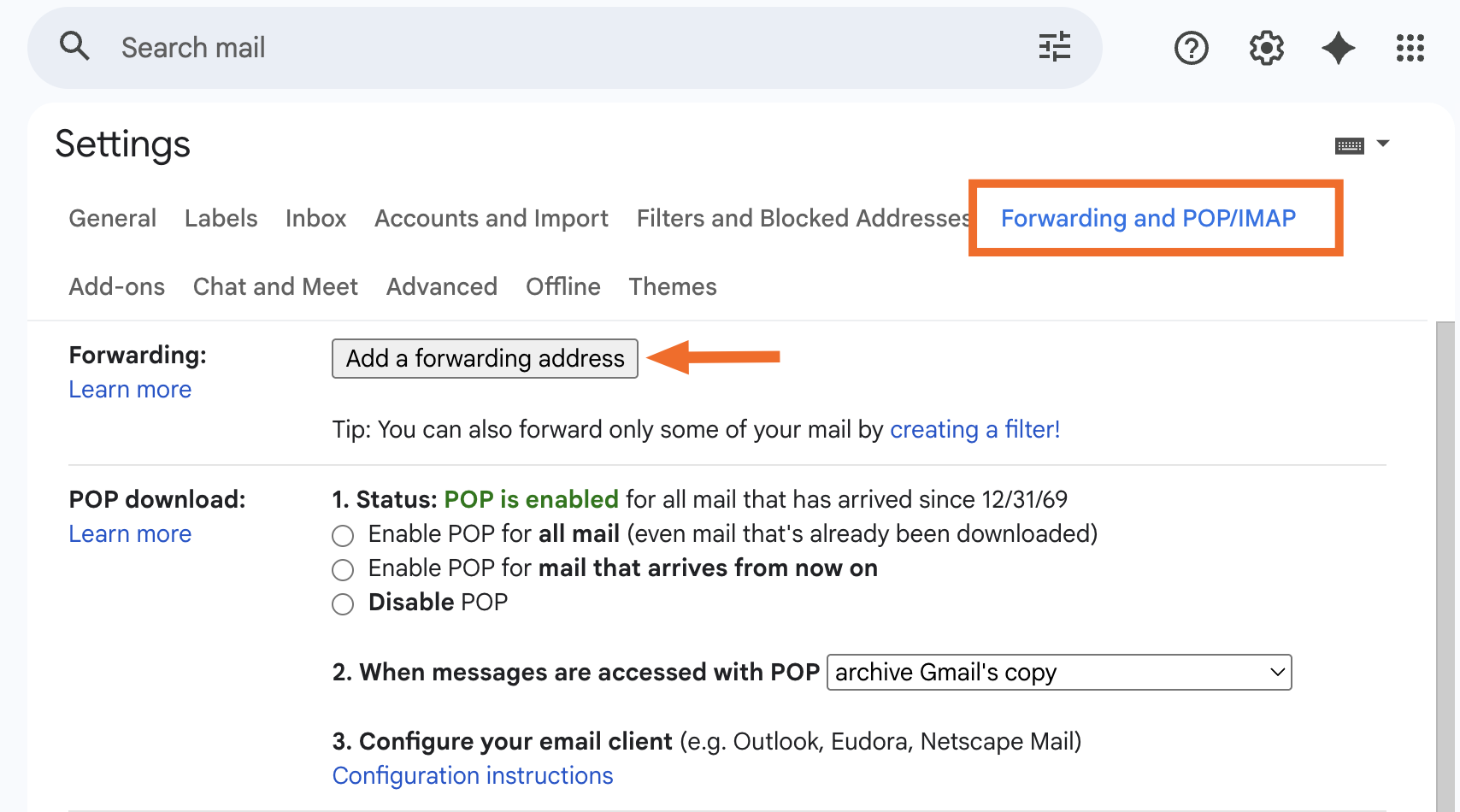 Forwarding and POP/IMAP settings in Gmail. 