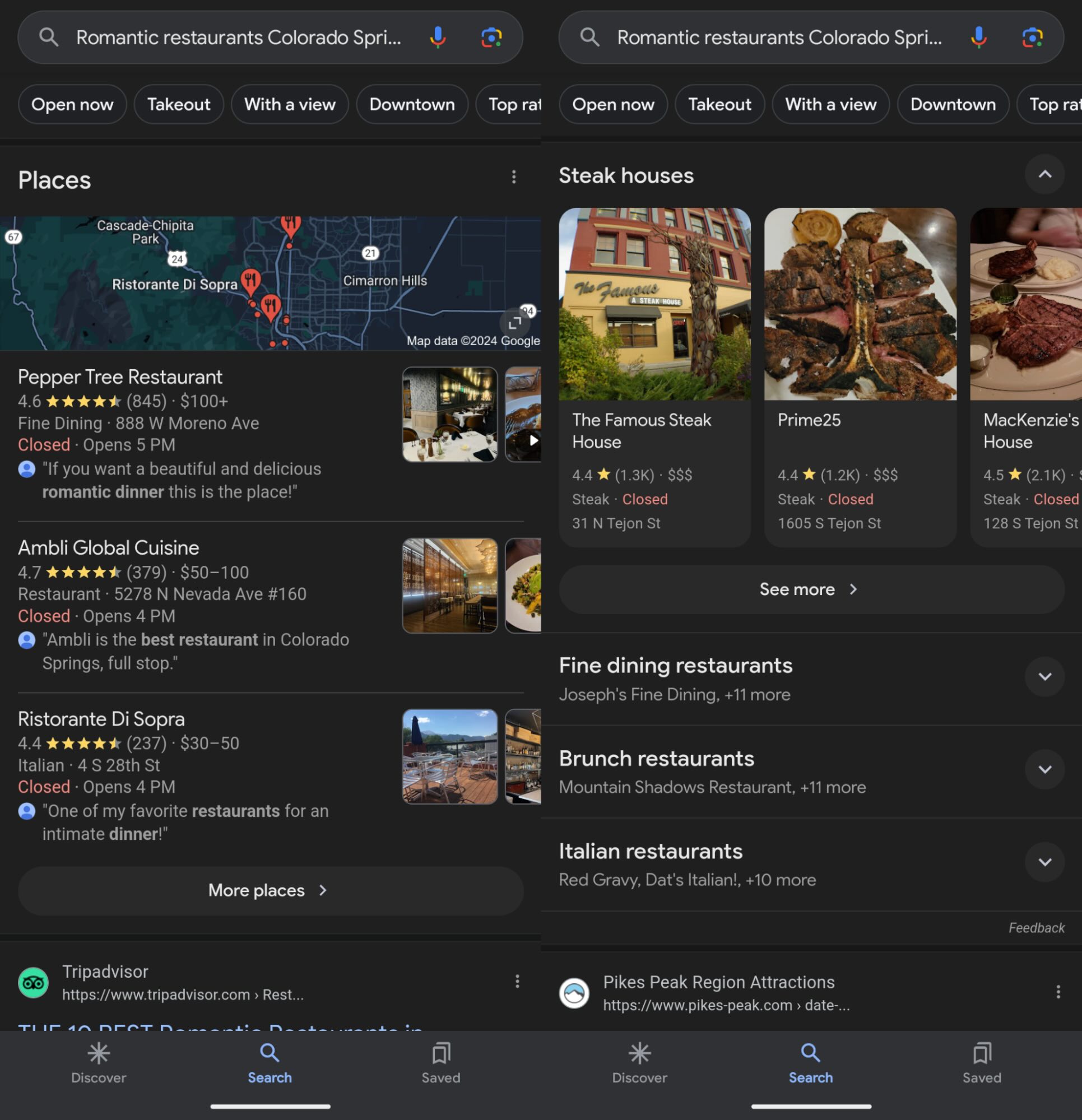 A side-by-side comparison showing how AI Overviews will give you organized search results