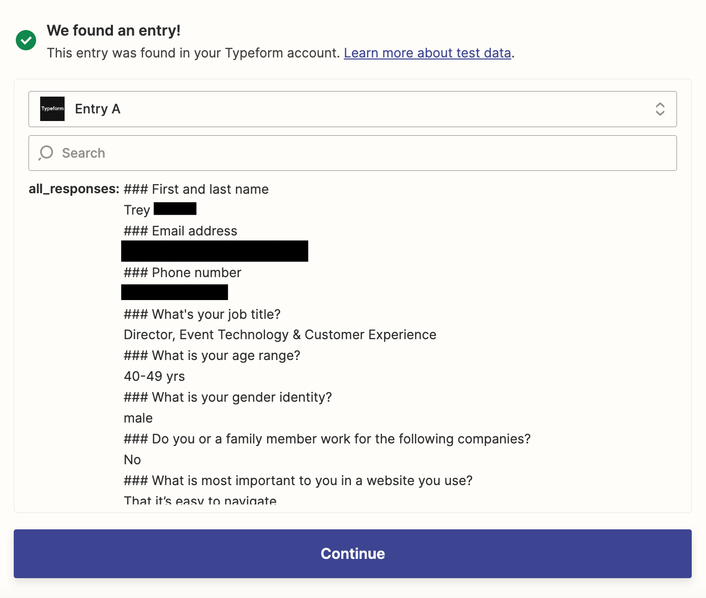 A successful test screen for a Typeform trigger.