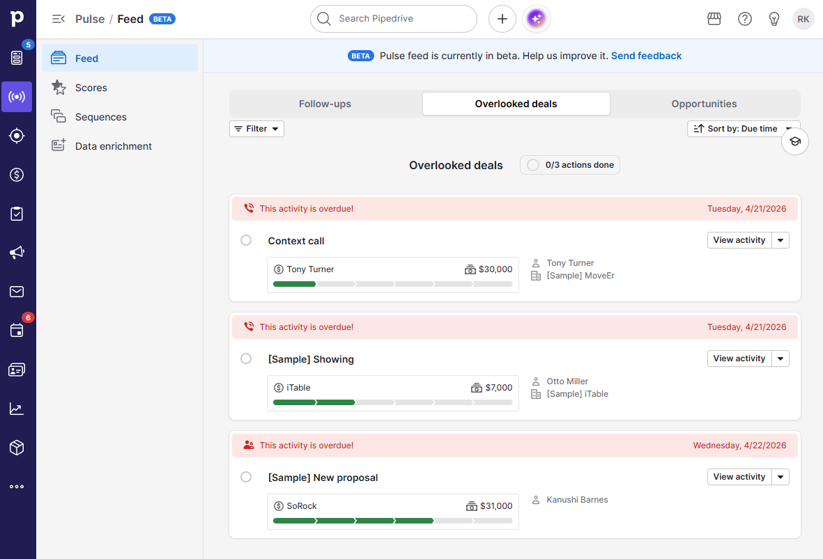 Pipedrive's AI-powered feed, showing overlooked opportunities