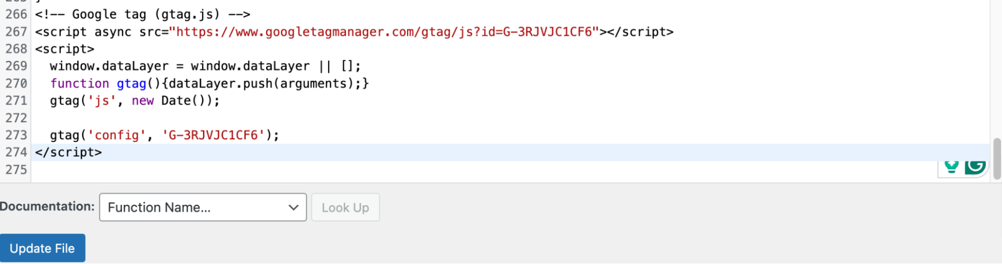 Theme functions script in WordPress with the closing script tag highlighted. 