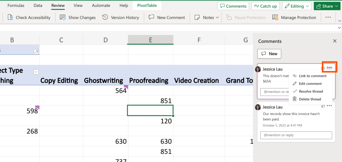 List of actions you can take with comments in Excel.