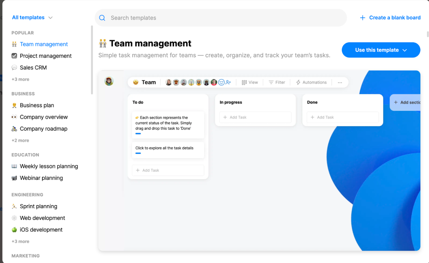 A sidebar on the left displays template categories, while the rest of the page displays a sample template for team management with a gray background and blue blobs off to the right side