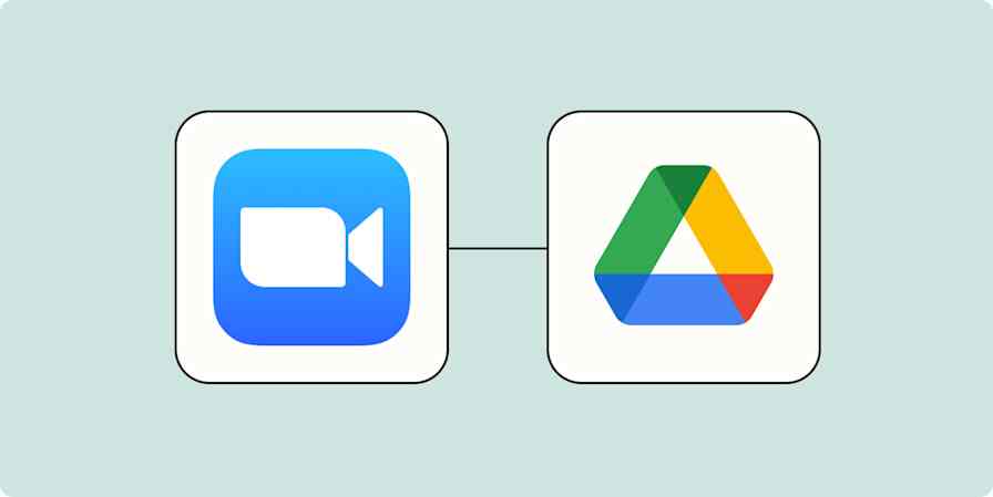 Hero image for a Zapier tutorial with the Zoom and Google Drive logos connected by dots