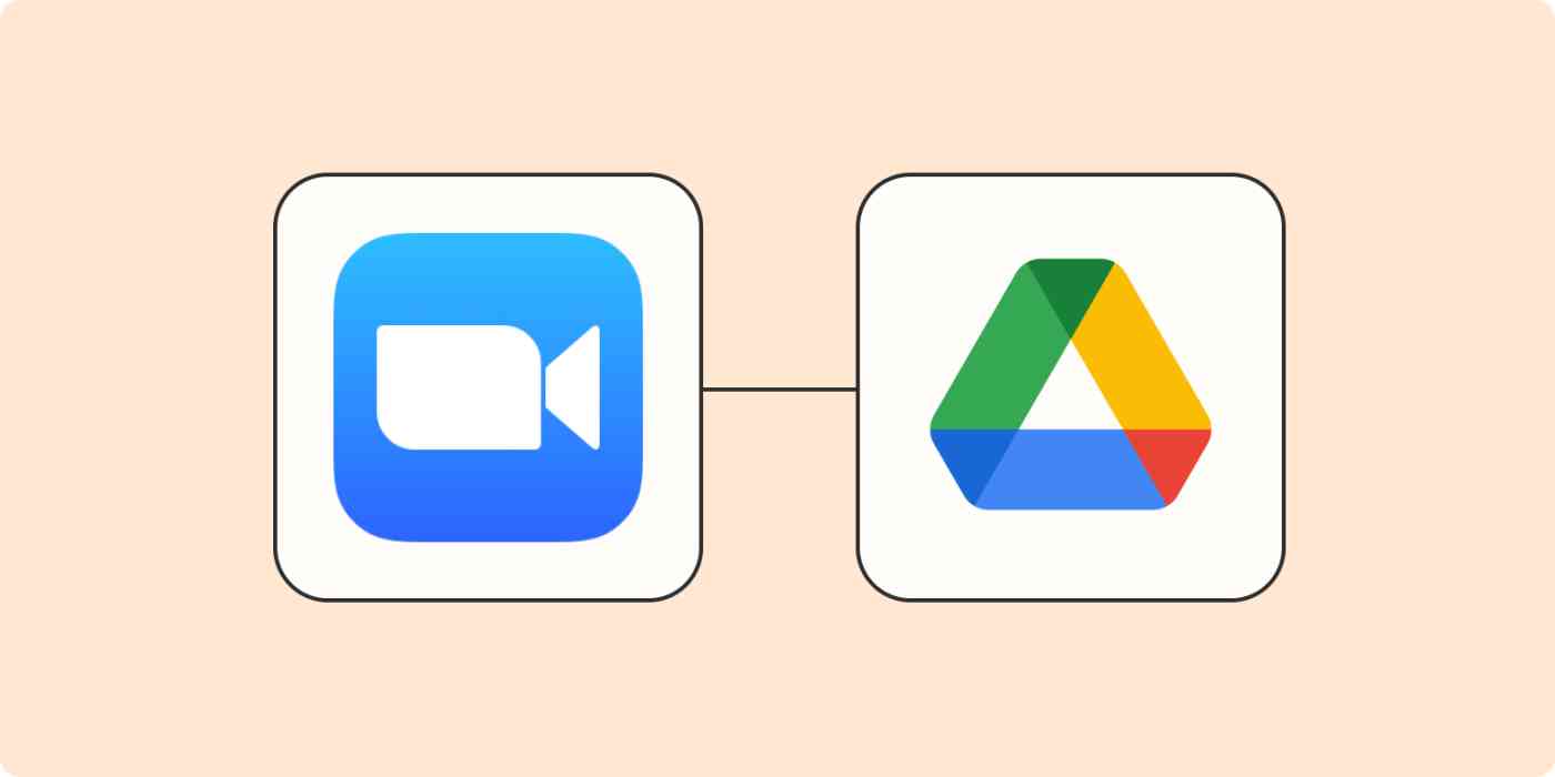 Hero image for a Zapier tutorial with the Zoom and Google Drive logos connected by dots