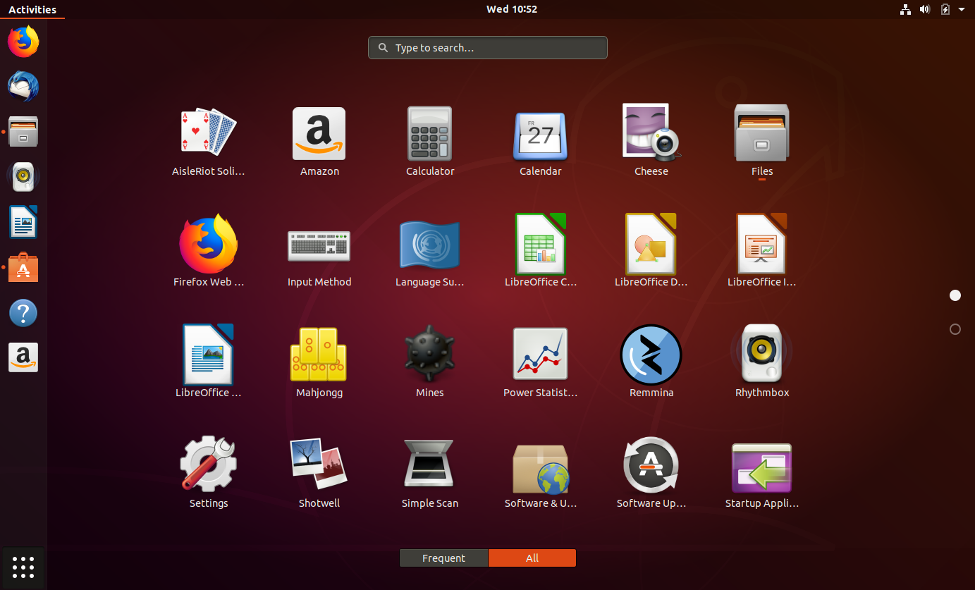 A screenshot of Ubuntu Linux's app list