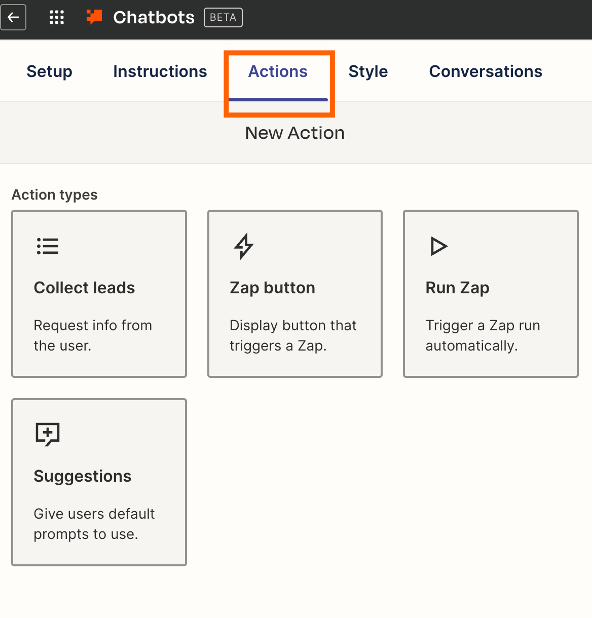 Screenshot of actions tab in chatbots