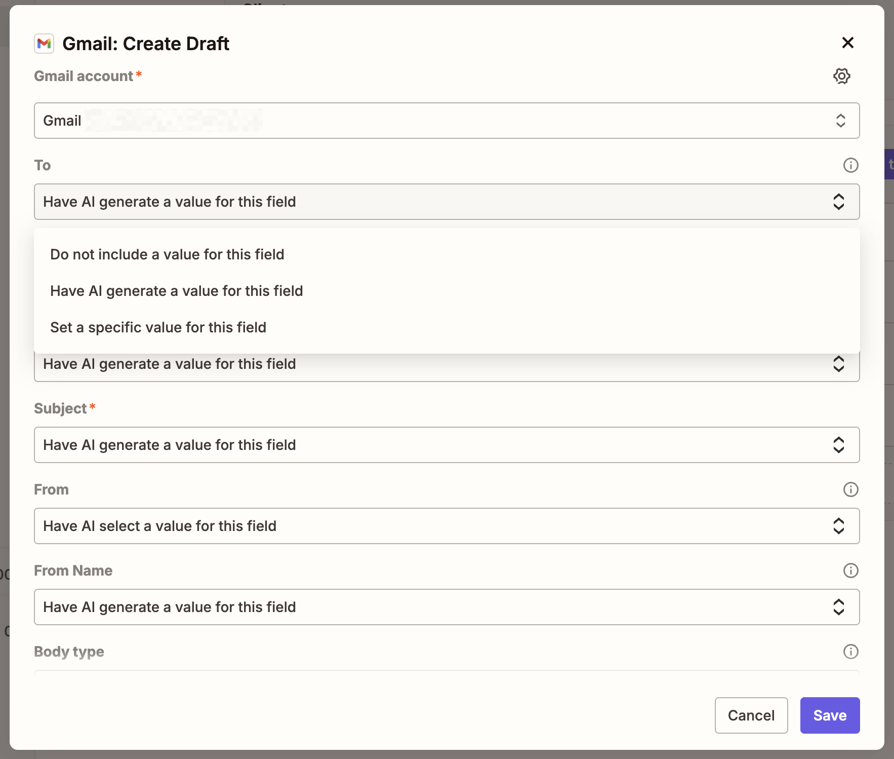 The Configuration screen for a Gmail action