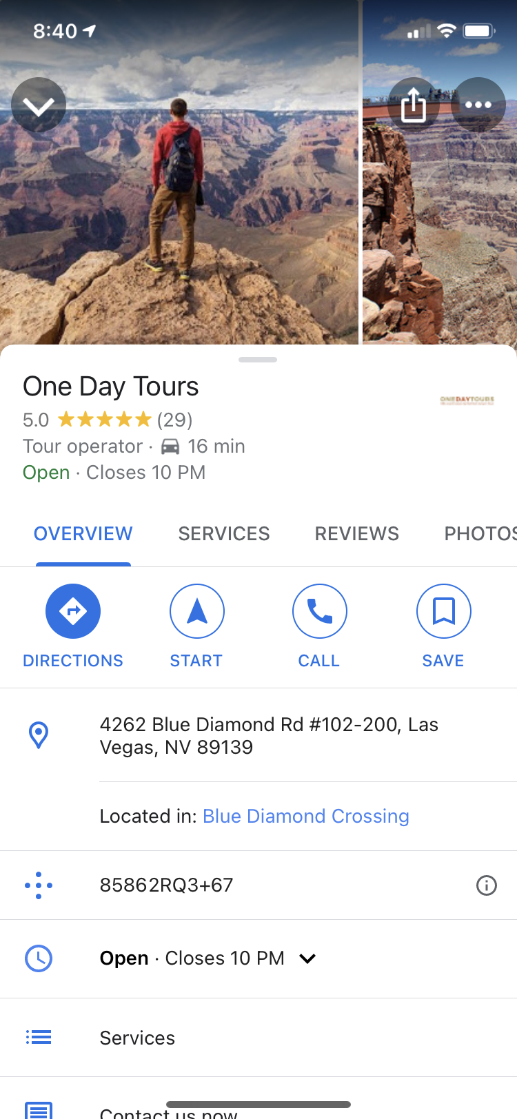 The One Day Tours GMB listing on mobile