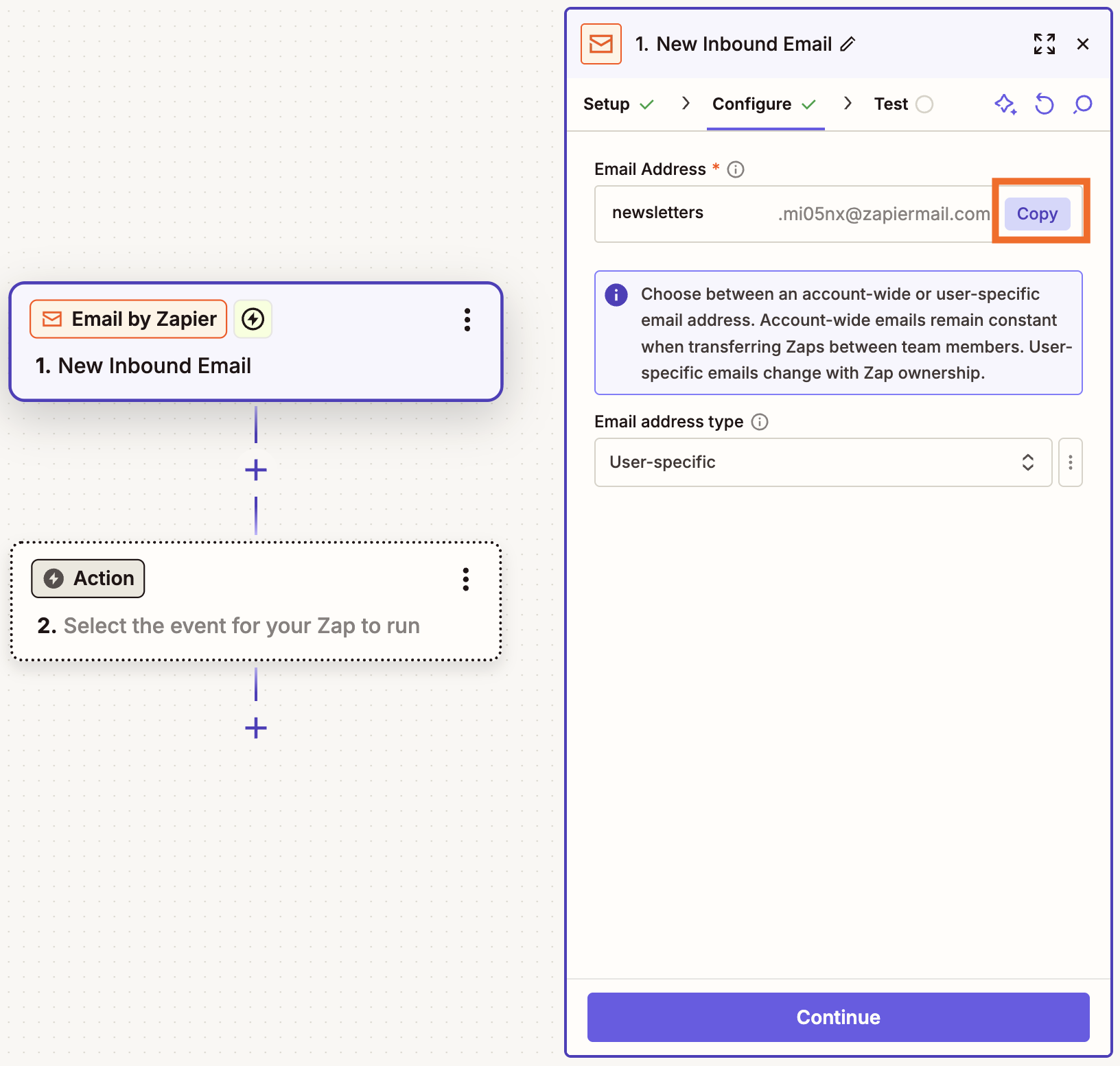 Zapier workflow showing Email by Zapier trigger New Inbound Email with Copy button highlighted for email address