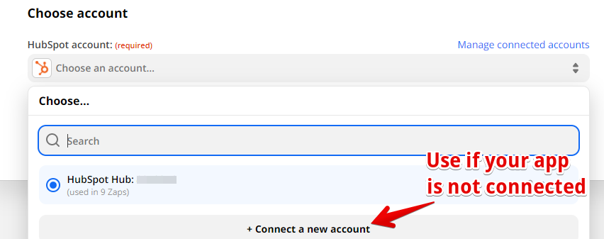 A red arrow pointing to a plus sign and the text Connect a new account