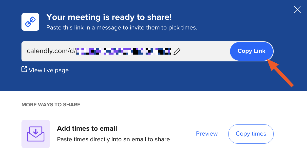 How to copy the link to a one-off meeting immediately after it's created in Calendly. 