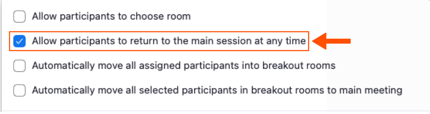 Screenshot of a window in Zoom highlighting a box you can check to allow participants to return to the main meeting session at any time