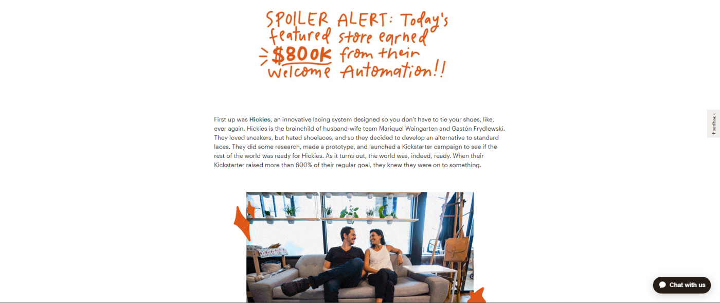 Screenshot of the Hickies and Mailchimp case study with the title in a fun orange font, followed by a paragraph of text and a photo of a couple sitting on a couch looking at each other and smiling