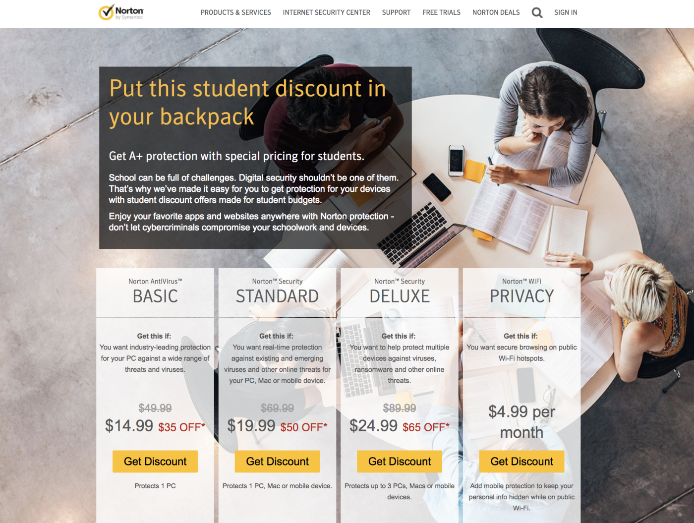 Norton Antivirus student discount landing page