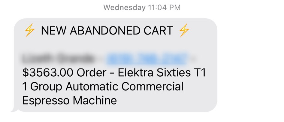 SMS message about "NEW ABANDONED CART"