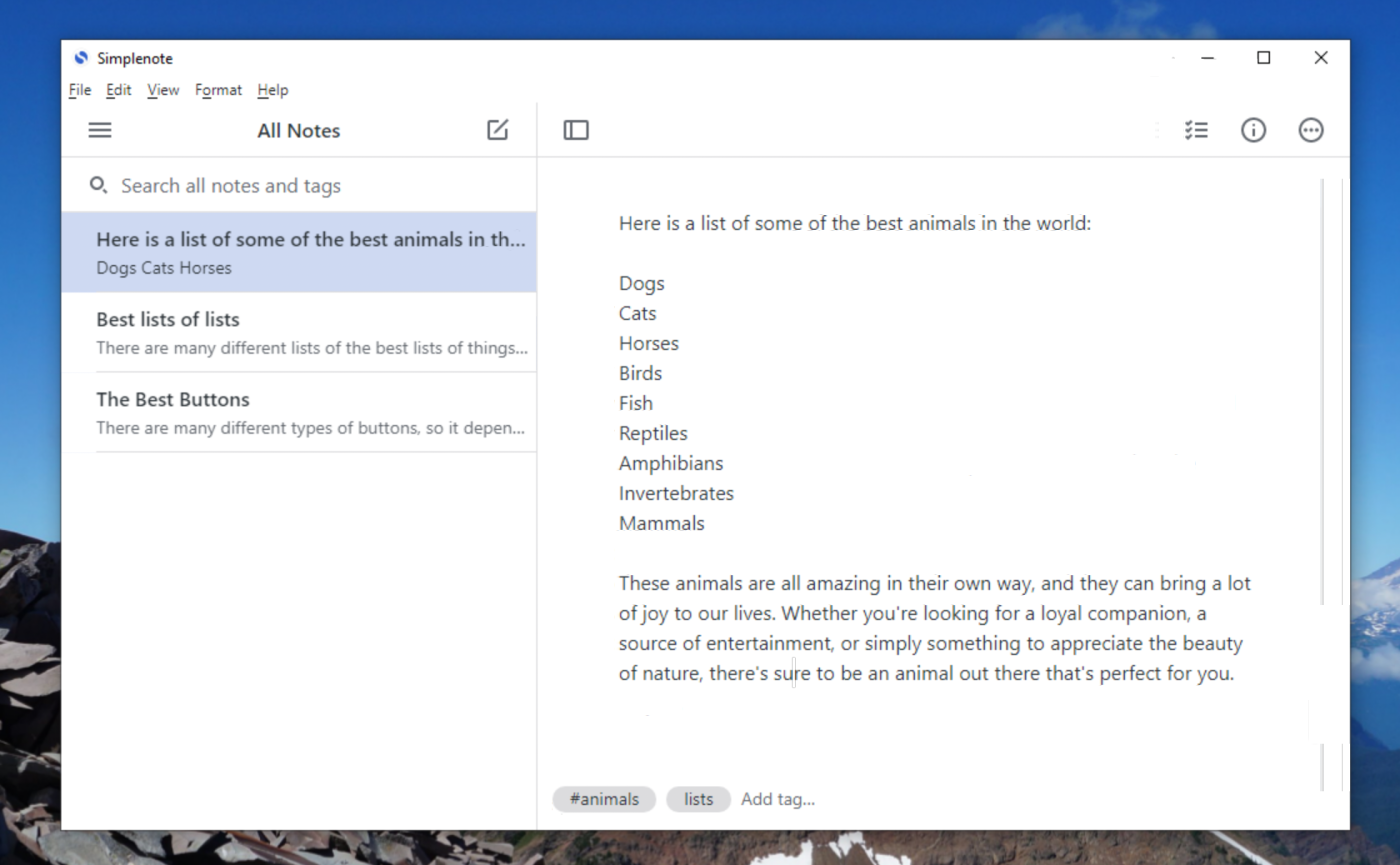 SimpleNote, our pick for the best Windows note-taking app for simplicity