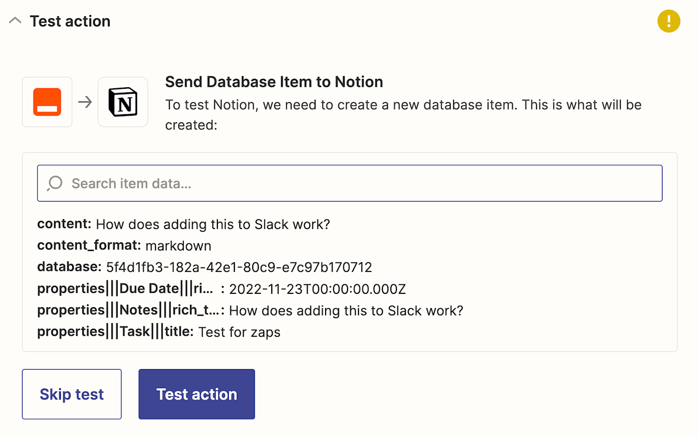 A test page that shows a list of the Google Tasks data being sent to the Notion database.