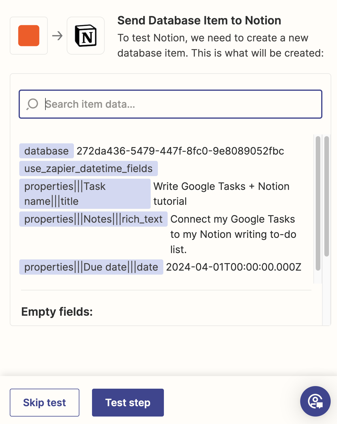 A test page that shows a list of the Google Tasks data being sent to the Notion database.