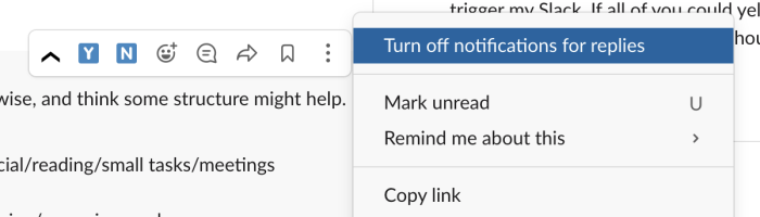 A screenshot of turning off notifications for replies in Slack