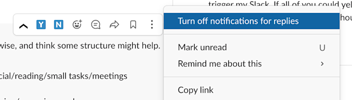 A screenshot of turning off notifications for replies in Slack